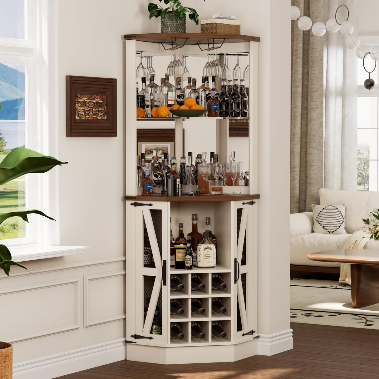 Royal Windsor Farmhouse Corner Bar Cabinet,Modern Wood Freestanding Wine Bar with Storage and Wine Holder, Tall Hutch Cabinet for Home, Display Bar Cabinet with LED Lights and Mirror, White Royal Windsor