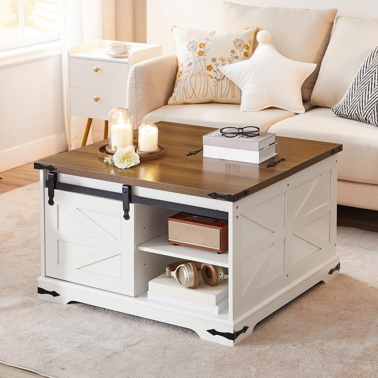 HOOBRO Farmhouse Coffee Table, Large Square Coffee Table for Living Room, Lift Top Coffee Table Square, Wooden White Coffee Table with Barn Door, Hidden Space, White and Walnut WH80KF01 HOOBRO