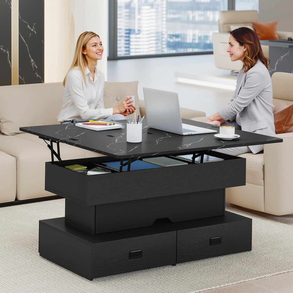 Turosur 40" Lift Top Coffee Table, LED Coffee Tables with Storage and 4 Drawers, Coffee Table with Lifting top for Living Room Home Office Turosur