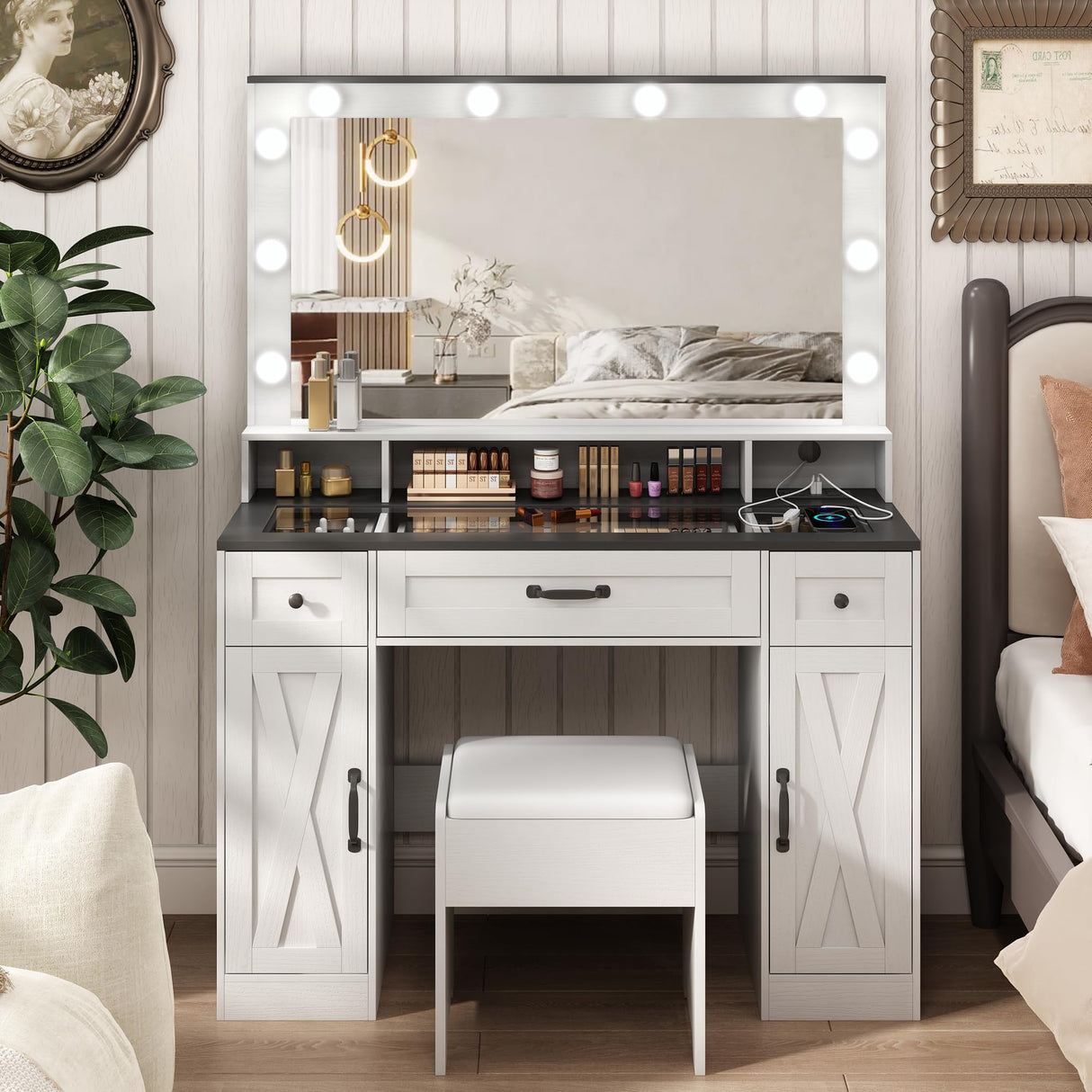 Vabches Vanity Desk with Mirror and Lights,Glass Top,Makeup Vanity Table Set with Stool,Charging Station and 3 Lighting Modes,2 Cabinets 3 Drawers Dressing Table,White Vabches