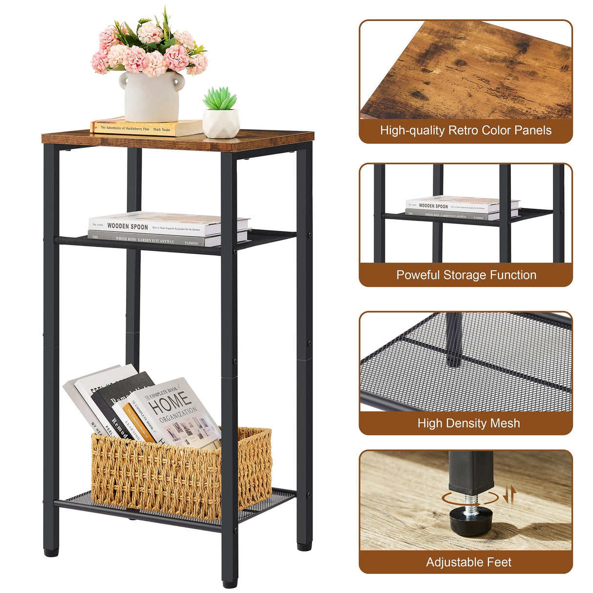 Hoctieon 3 Tier End Table, Telephone Table, Narrow Side Table with Storage, Nightstand for Small Spaces, Metal Frame, For Living Room, Bedroom, Sofa Couch, Hall, Easy Assembly, Rustic Brown Hoctieon