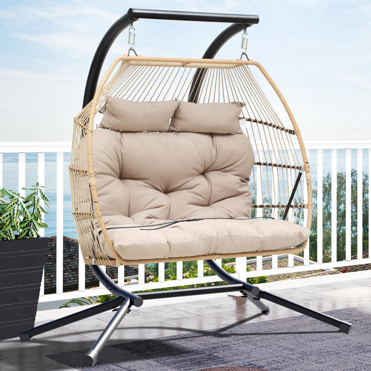 YITAHOME 2 Person Hanging Egg Swing Chair with Stand Egg Chair Wicker Indoor Outdoor Hammock with Cushions 550lbs for Patio, Bedroom, Garden and Balcony, Khaki(Stand Included) YITAHOME