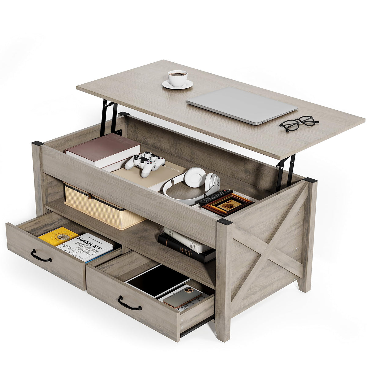 Evajoy Lift Top Coffee Table, Modern Coffee Table with 2 Storage Drawers and Hidden Compartment, X-Shape Wood Support, Center Table with Lift Tabletop for Living Room, Office,Grey,16.9''x41.3''x18.1'' Evajoy