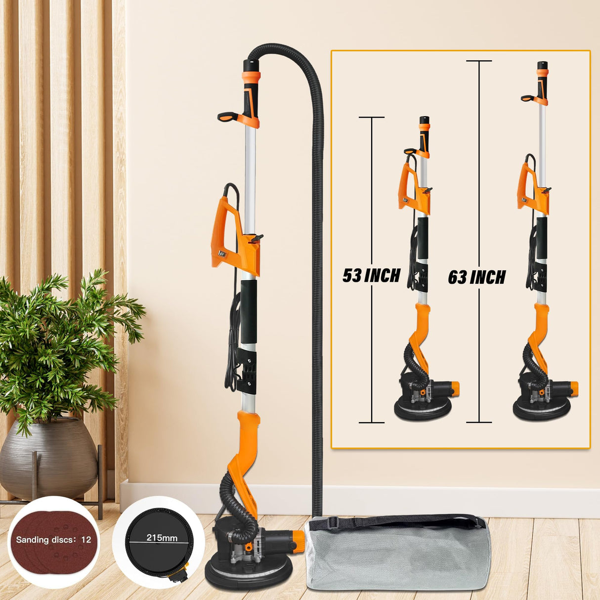 POPBULL Electric Drywall Sander (1050W) With Vacuum, Heavy Duty Drywall Sander with LCD Digital Display,9 Variable Speed 800-2100RPM,Foldable & Extendable Handle,12pcs Sanding Discs,Wood Floor etc POPBULL