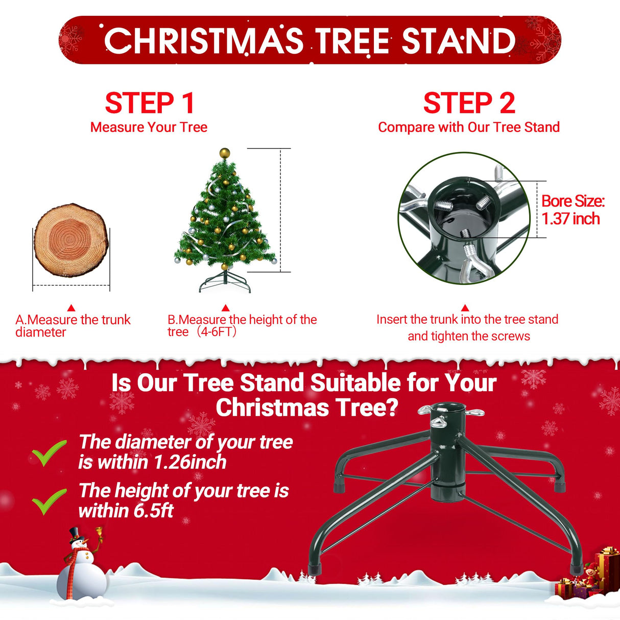 JSungo Folding Christmas Tree Stand, 16.3inch Replacement Christmas Tree Base for 4-6 Feet Artificial Tree, Metal Xmas Tree Holder Fits 0.5 - 1.37 Inch Tree Pole, DarkGreen JSungo