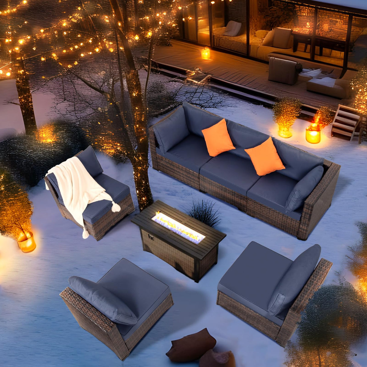 FHFO 7 Piece Outdoor Wicker Patio Furniture Set, Rattan Sectional Sofa Couch, Patio Conversation Set with Cushion & Coffee Table, for Backyard Poolside Porch Garden, Brown-Blue FHFO