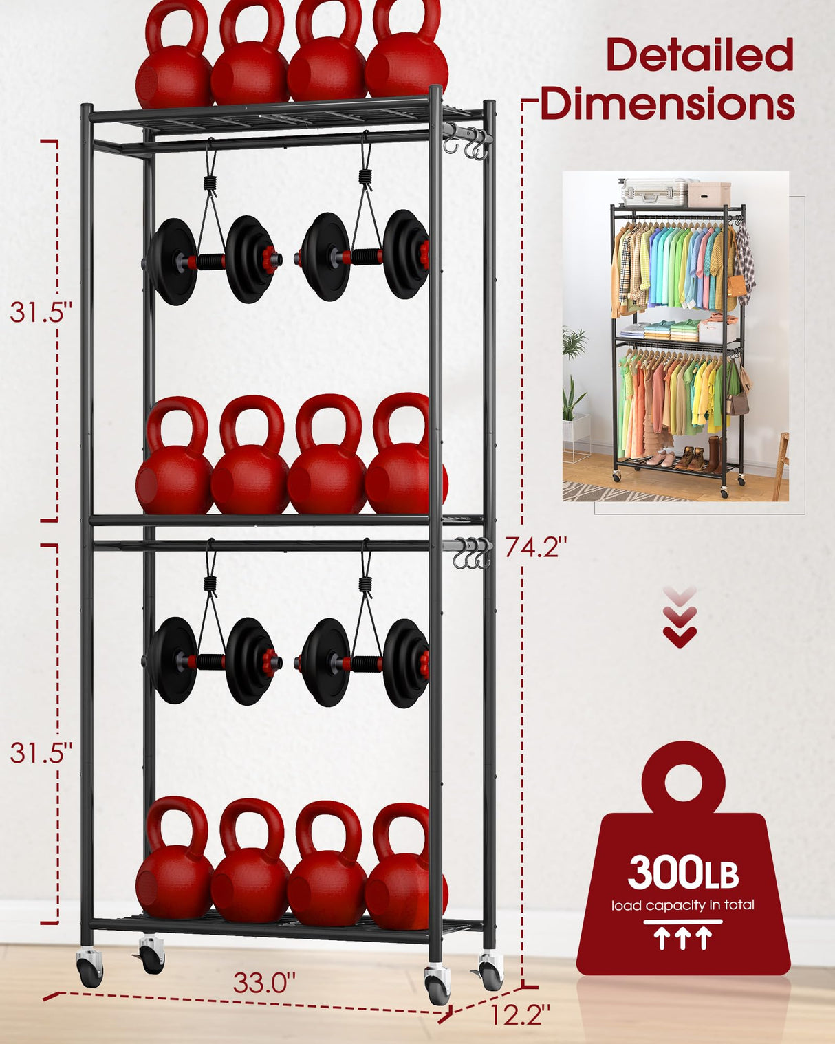 Sakugi Heavy-Duty Clothes Rack - 33.0" x 12.2" x 74.2" Clothing Rack with Shelves & Wheels, Multi-Functional Wardrobe Closet with Hooks, Sturdy Metal Garment Rack for Bedroom, Laundry, Balcony (Black) Sakugi