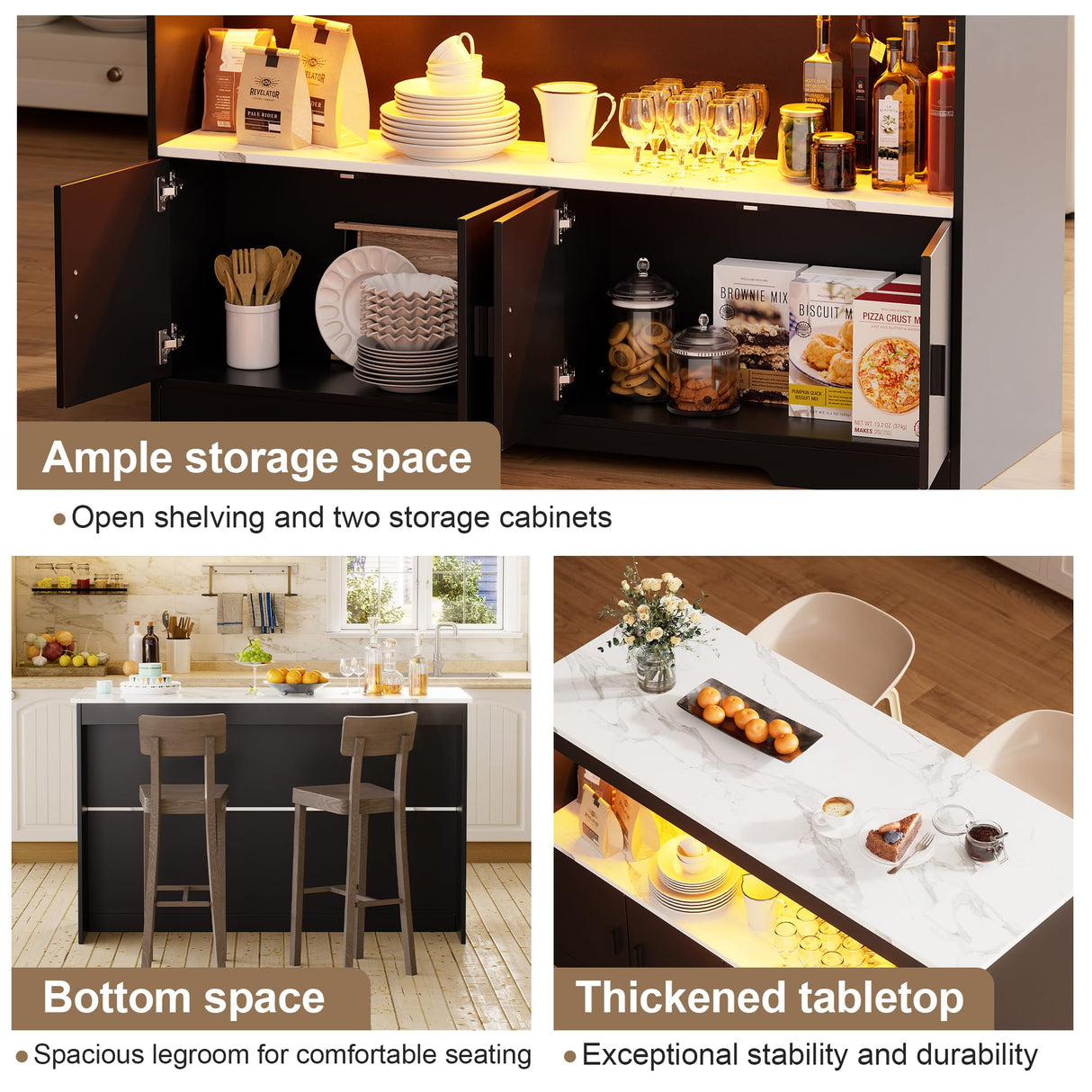 PAKASEPT 43'' Modern Kitchen Island with Storage,Island Table with LED Lights & Cabinet for Kitchen,Imitation Marble Large Dining Table for 4,Dining Room,Living Room,Home Bar,Black PAKASEPT