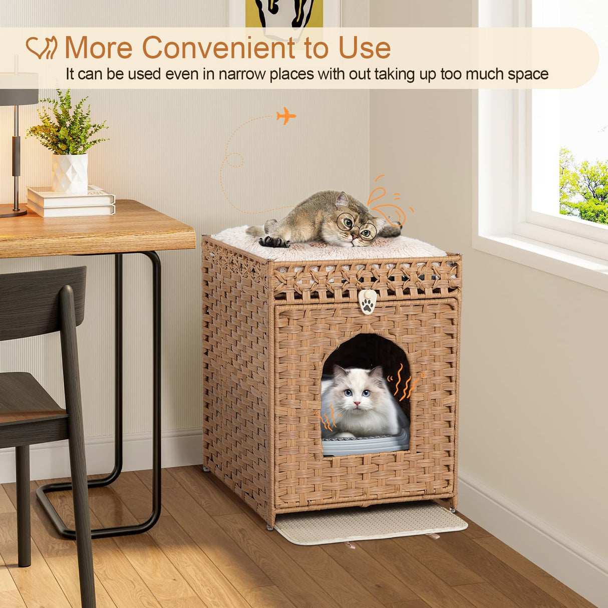 Snughome Cat Litter Box Enclosure Furniture Hidden with Cat Litter Mat, Hidden Cat Washroom Furniture with Door, Handwoven Rattan Cat Washroom Box, Indoor Pet House for Living Room, Bedroom(Natural) Snughome