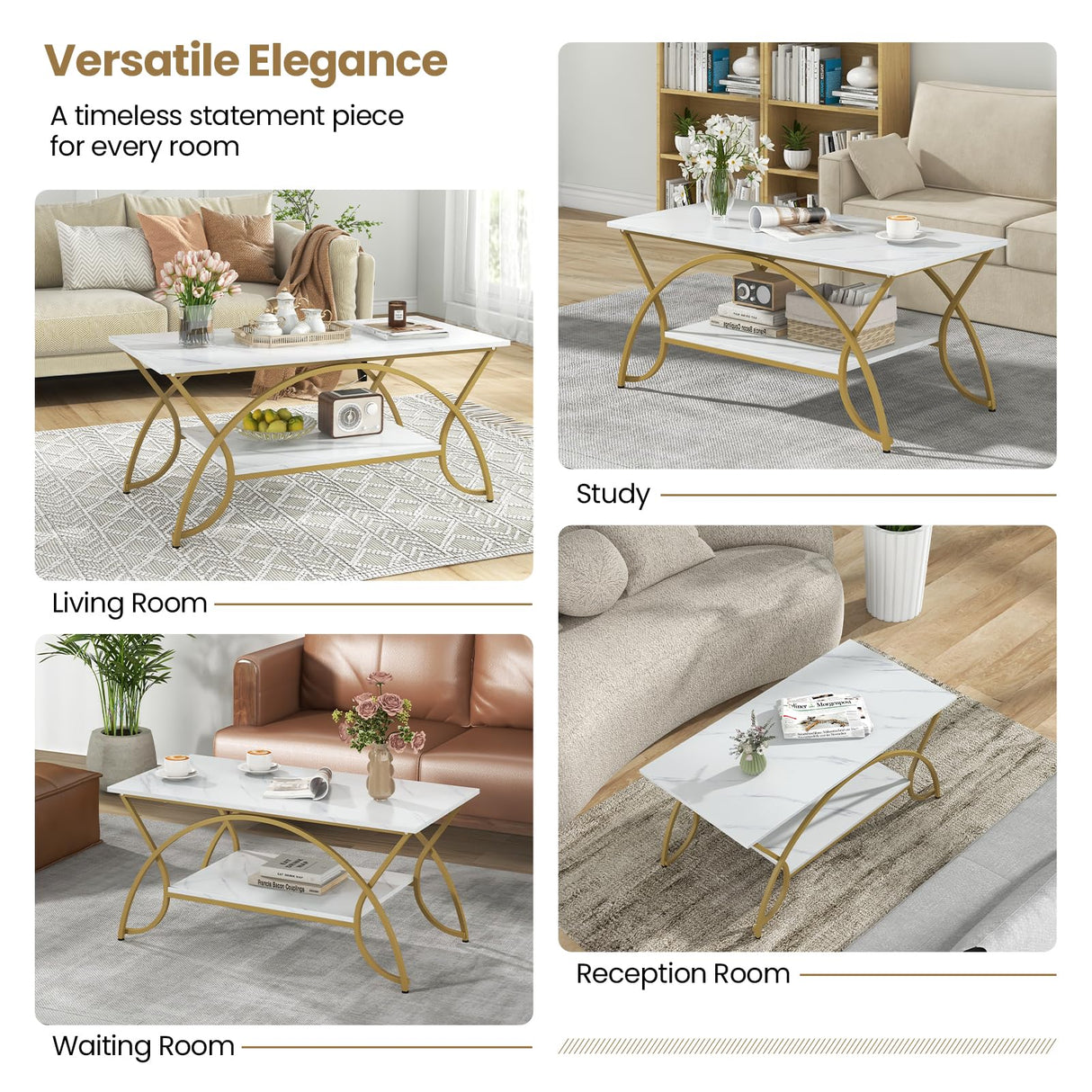 COSTWAY Marble Coffee Table, 2-Tier Modern Faux Marble Accent Table with Storage and Gold Finished Metal Frame, Chic Rectangular End Table for Living Room Office Lounge COSTWAY