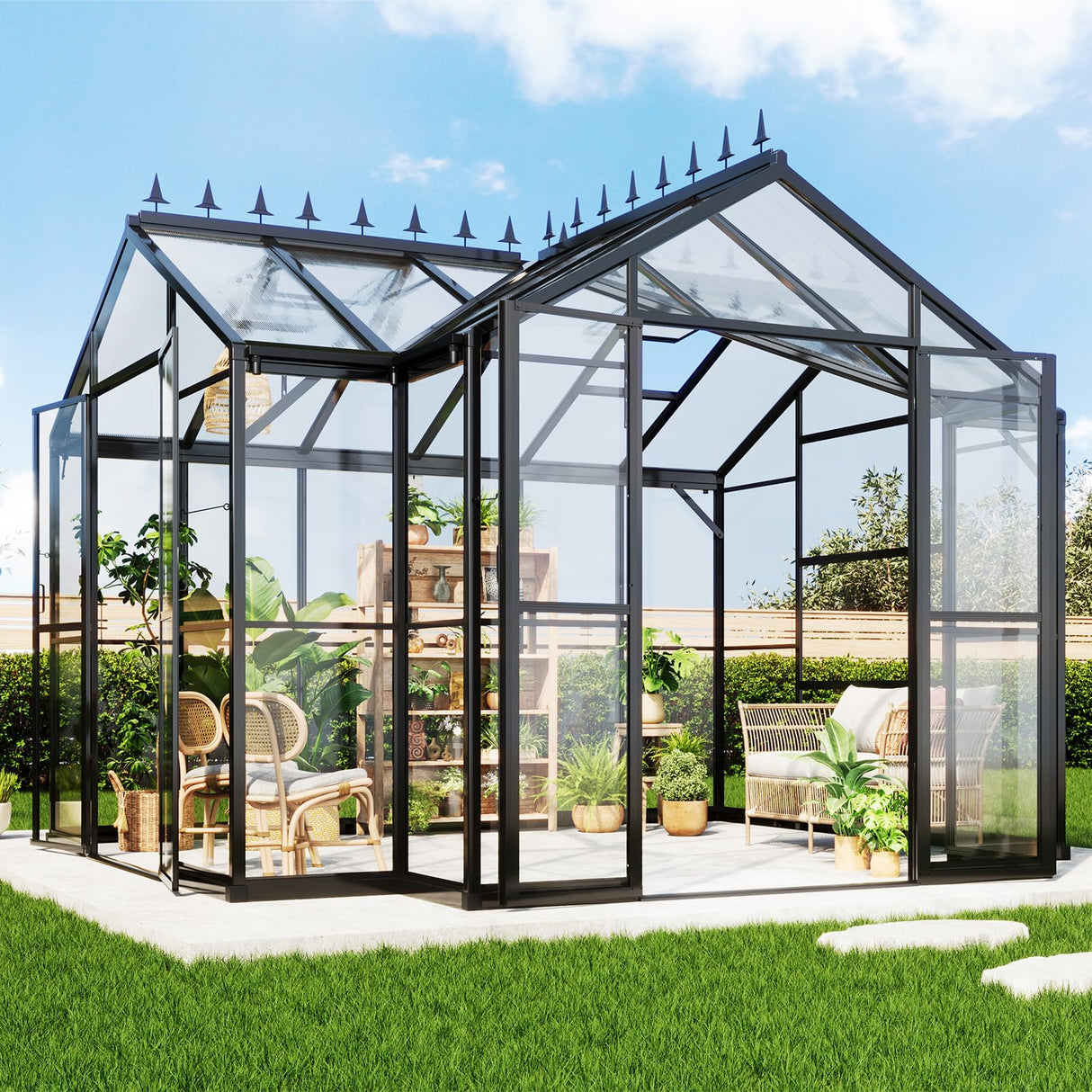 AMERLIFE 12x10x8 FT Hybrid Polycarbonate Walk-in Greenhouse for Outdoors, Aluminum Frame with Quick-Connect Assembly, Double Doors, Ventilation for Backyard Garden, Black AMERLIFE