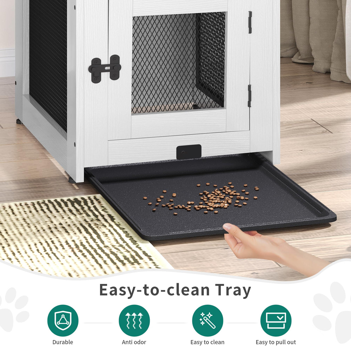 DWVO Dog Kennel Furniture with Dual USB Charger, Dog Crate End Table with Tray, Wooden Dog Crate Furniture with Cushion for Small Dogs, White DWVO