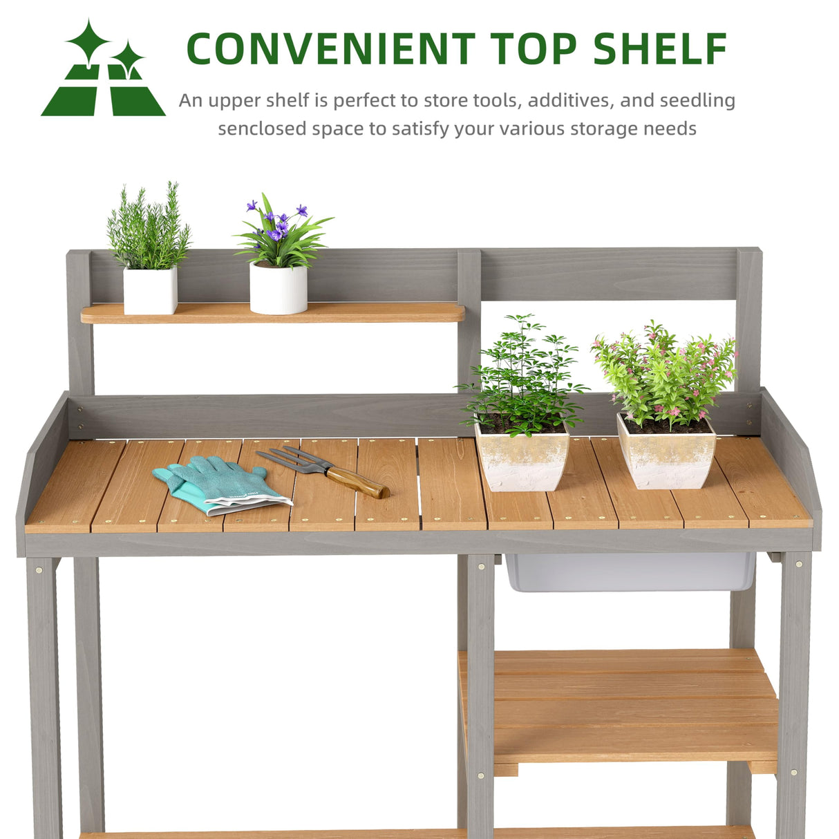 Wooden Potting Bench Table with Sink, Outdoor Garden Table Work Bench with Shelf, Workstation for Outside Patio Lawn SoliWood