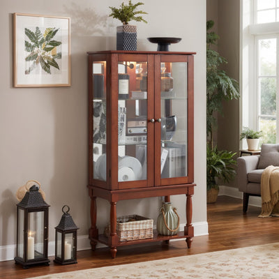 Eyisean Lighted Display Cabinet, 48" H Curio Cabinet with Open Storage Space, Tempered Glass Doors and Acrylic Mirrored Back Panel, Rack for Living Room (Bulb Not Included) (Walnut)