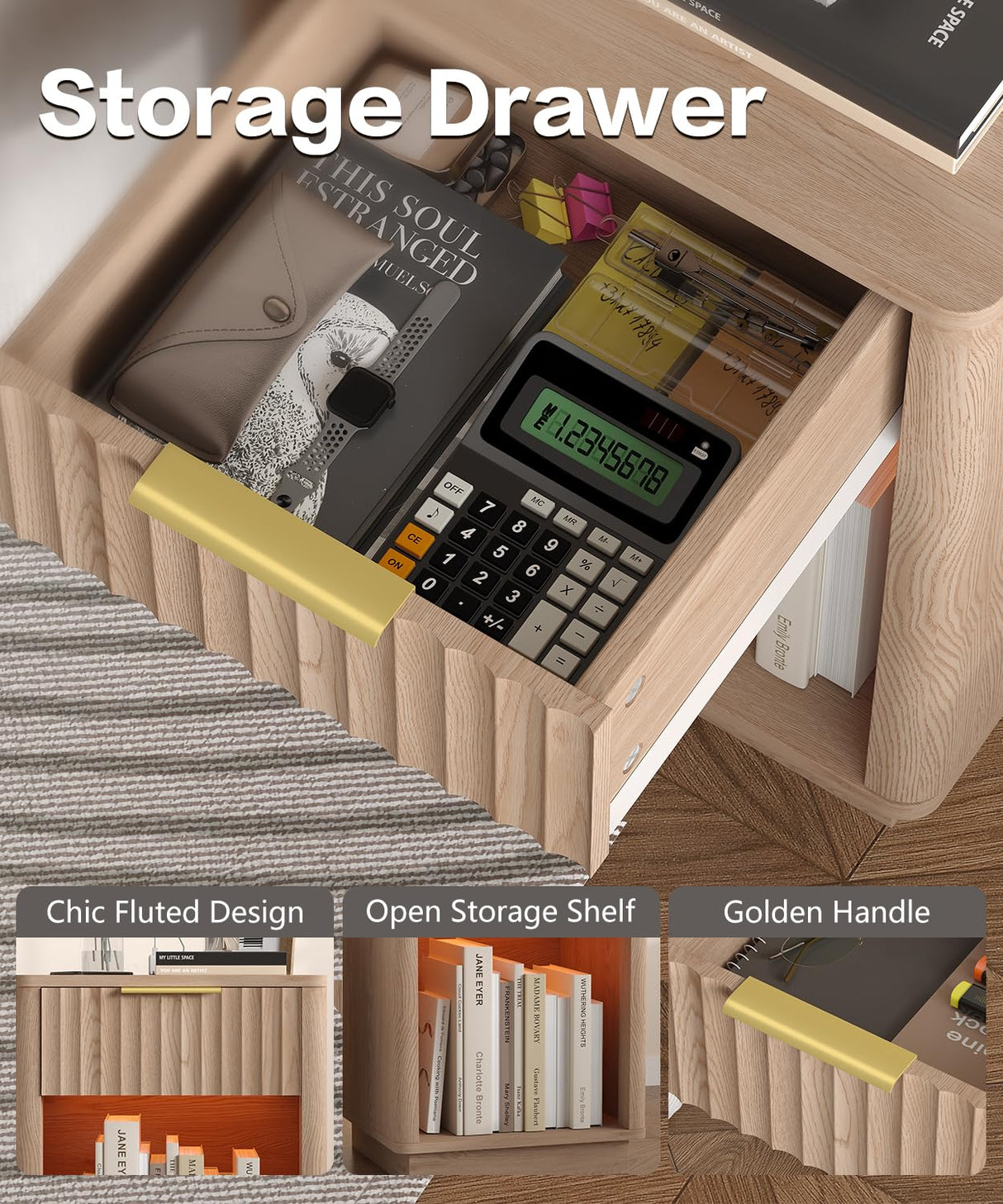 Akxomel Fluted Nightstands Set of 2, Wooden Night Stand with Charging Station and LED Light, Modern Mid Century End Table with Drawer, 15" D x 15.7" W x 22.6" H, for Bedroom, Natural Oak Akxomel