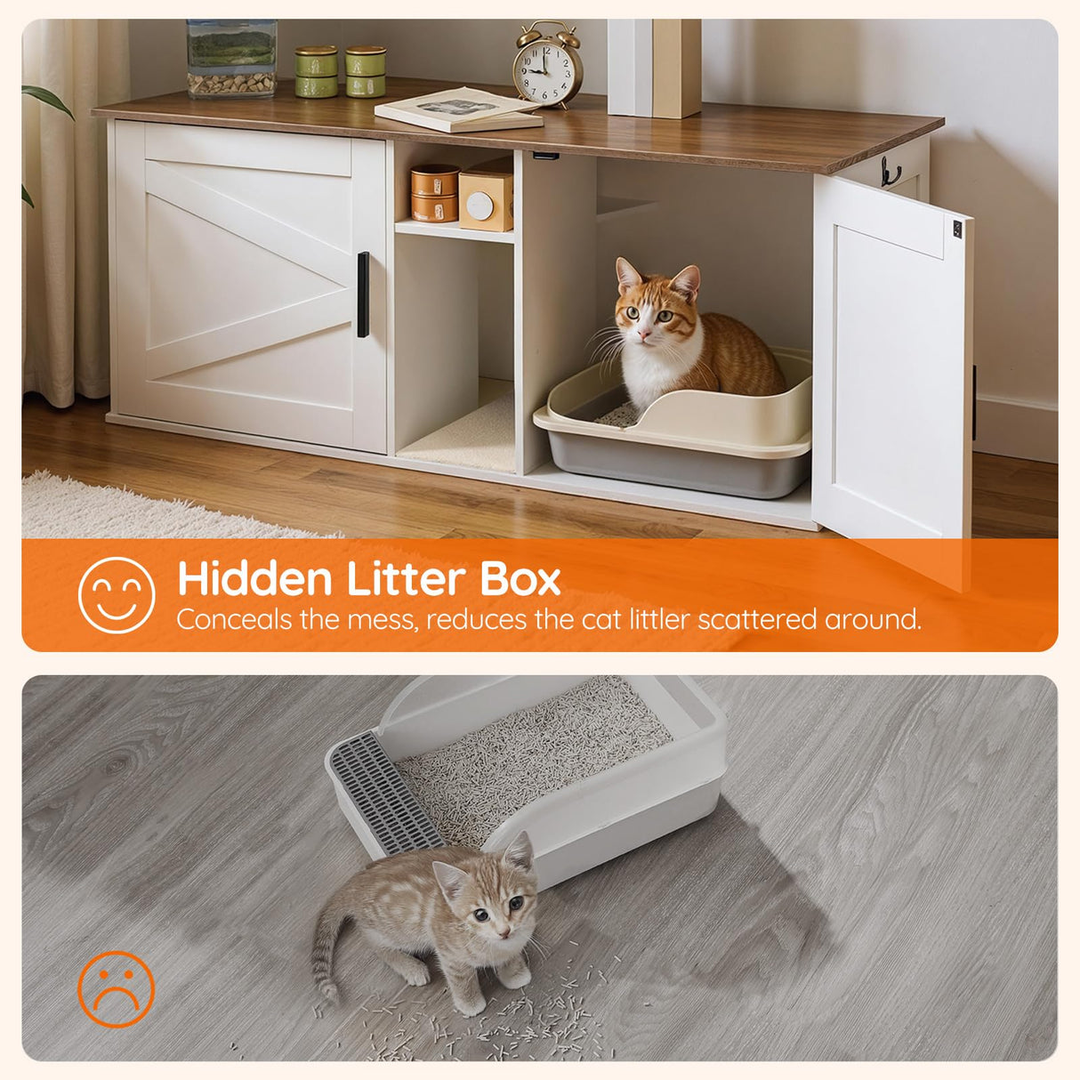 HOOBRO Double Litter Box Enclosure, Modern Cat Litter Box Furniture with Storage and Mat Design, Farmhouse Hidden Litter Box Enclosure with 2 Hooks, White and Walnut WH23MW01 HOOBRO