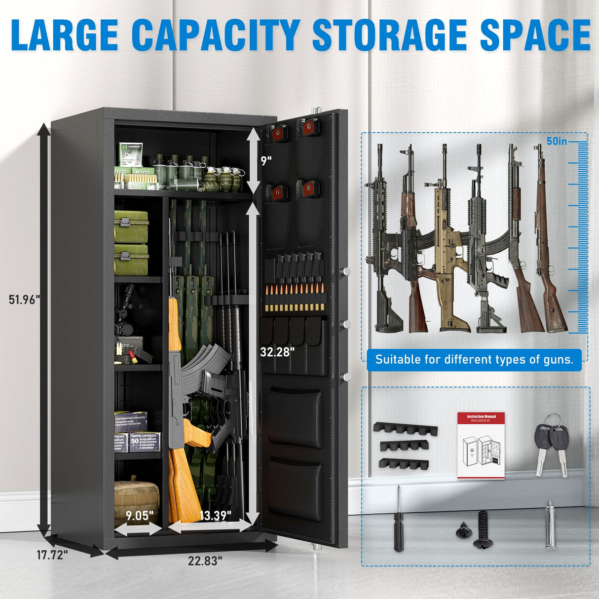 15-20 Gun Safe, Large Gun Safe for Rifles and Pistols, Unassembled Rifle Safe with Adjustable Shelf & Gun Rack, Gun Safe for Home and Shotgun, Quick Access Gun Cabinet with Mute Function & Dual Alarm Riflevault
