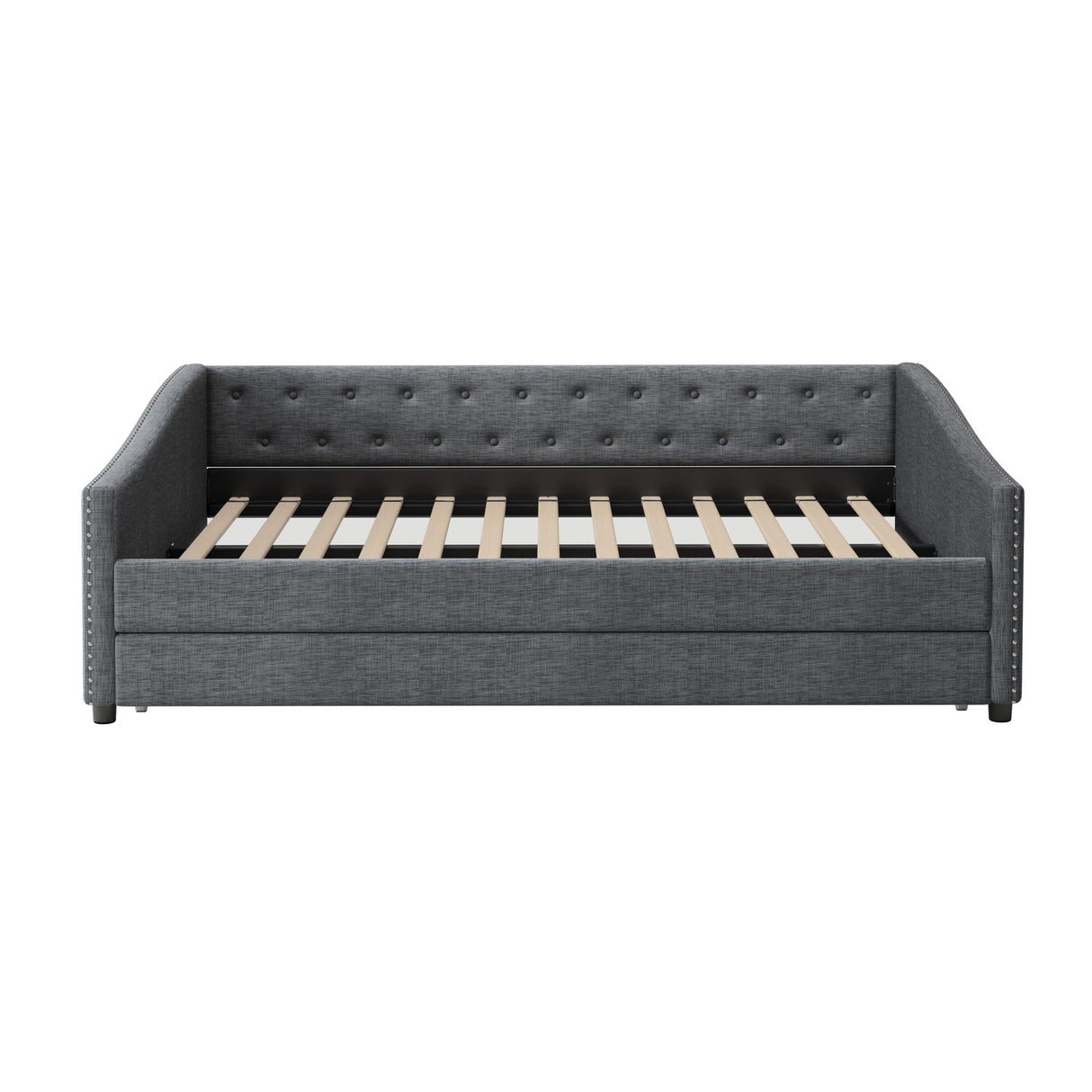 FAVSH Full Size Upholstered Daybed with Trundle,Tufted Sofa Bed w/Button on Back and Piping on Waved Shape Arms for Bedroom Guest Room, No Box Spring Needed,Dark Grey FAVSH