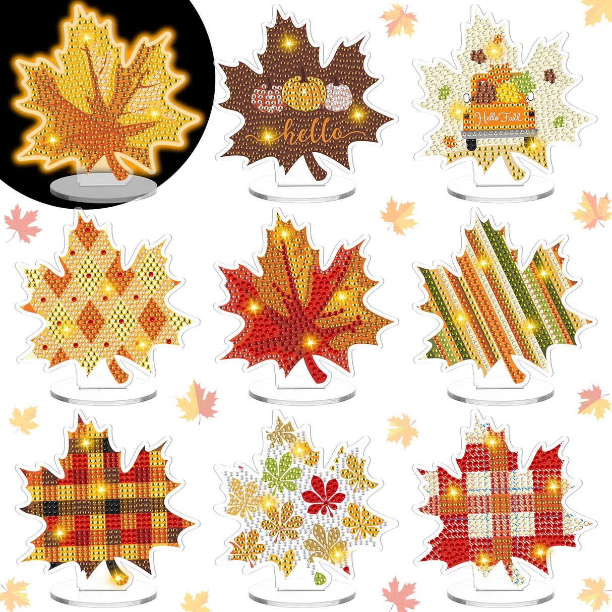 DoubleFill 9 Pcs Luminous Thanksgiving Diamond Painting Tabletop Decor Double Sided Fall Maple Leaf Diamond Art Kits for Adults Glow in The Dark Thanksgiving Centerpieces for Table Desktop DIY Crafts DoubleFill
