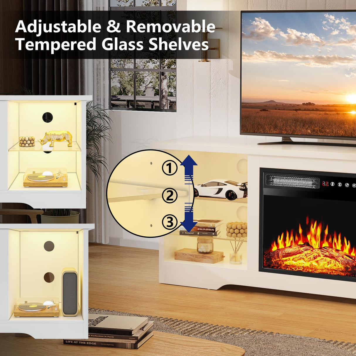 TAVATA Fireplace TV Stand with 18''Fireplace, Modern Entertainment Center for TVs up to 65 inch, Media TV Console with Adjustable Glass Shelves and Storage Cabinets(White) TAVATA