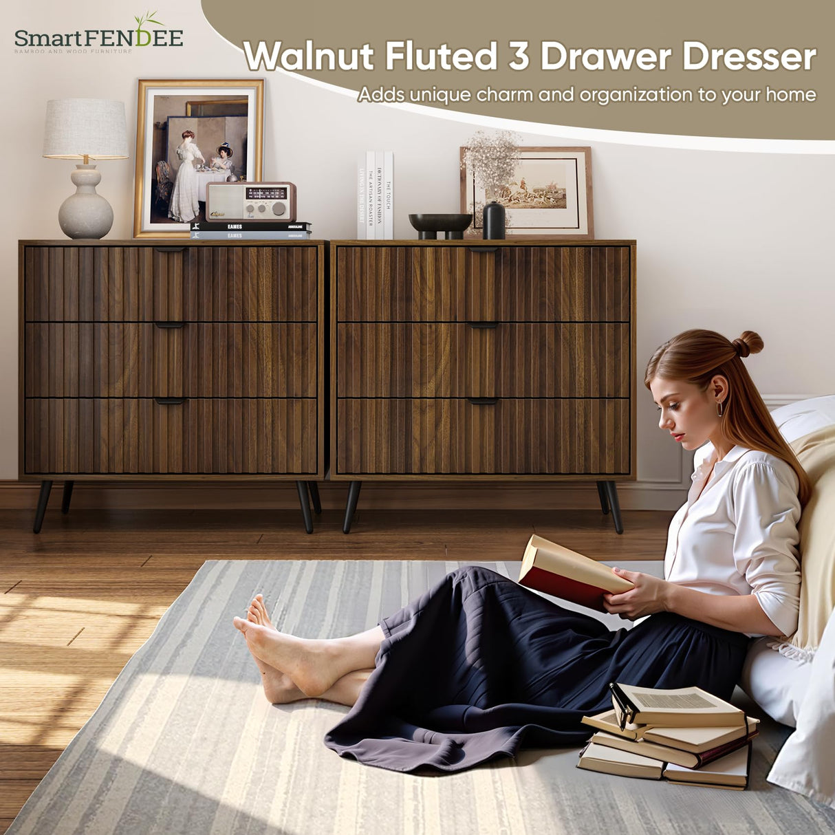Smart FENDEE Fluted 3 Drawers Dresser, 31.5“ W Mid- Century Modern Wooden Chest of Drawers, Large Night Stand Organizer for Bedroom, Closet, Hallway, Entryway, Walnut Smart FENDEE