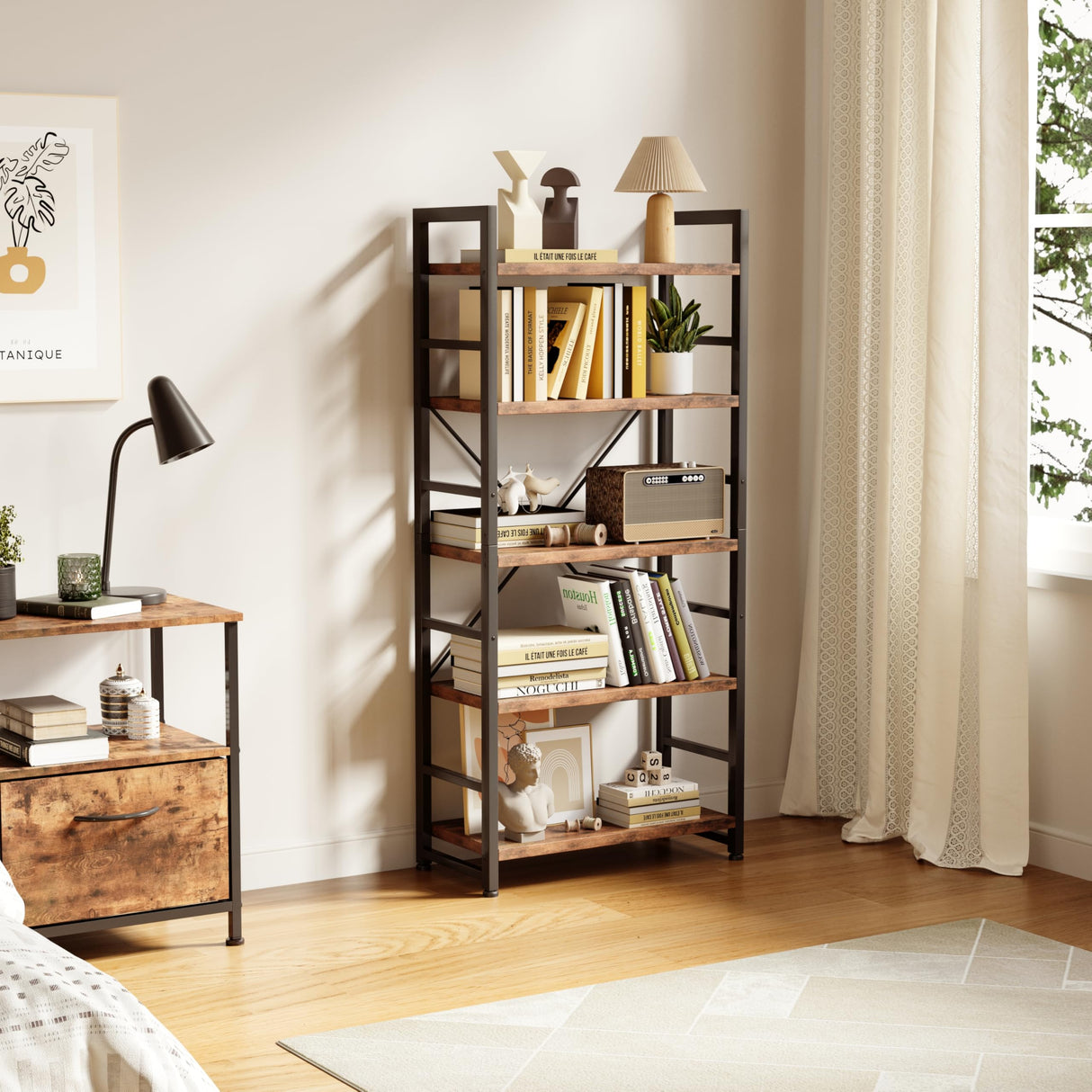 VERMESS 5 Tier Bookshelf, Tall Book Shelf, Vintage Industrial Bookcase with Open Display Shelves, Wood Storage Shelving Unit Metal Frame Standing Bookshelves for Bedroom/Home/Office, Rustic Brown VERMESS