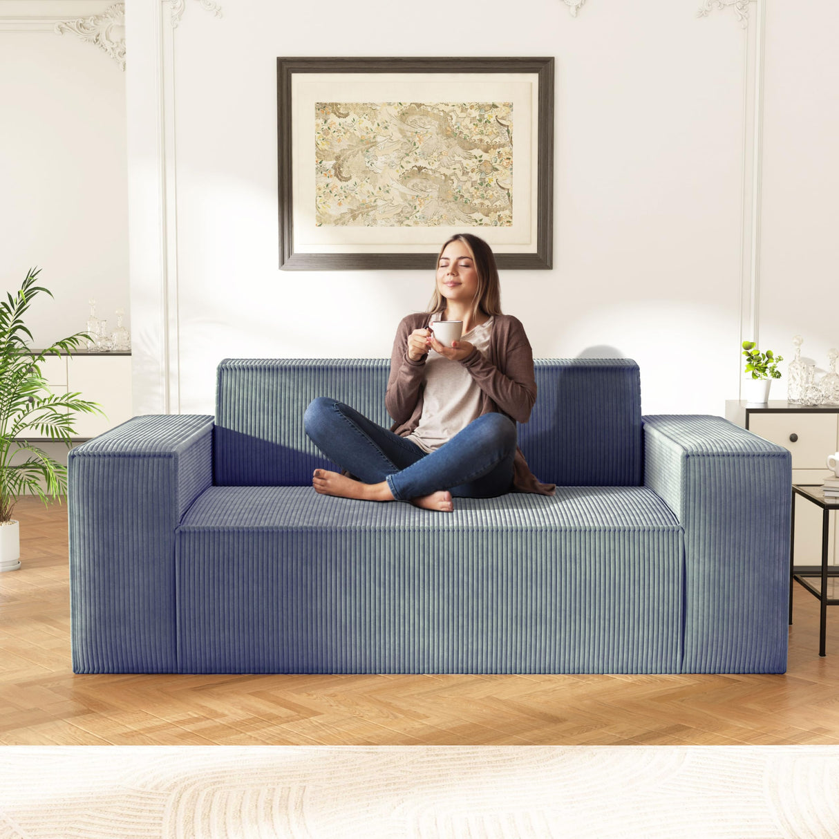 Swbvs Sofa-in-a-Box, Memory Foam 2 Seater Sofa Couch, No Installation & Easy to Move, Modern Living Room Sofa Couch with Corduroy Fabric,Small Love Seat Sofa for Bedroom Apartment Home Office,Grey Swbvs