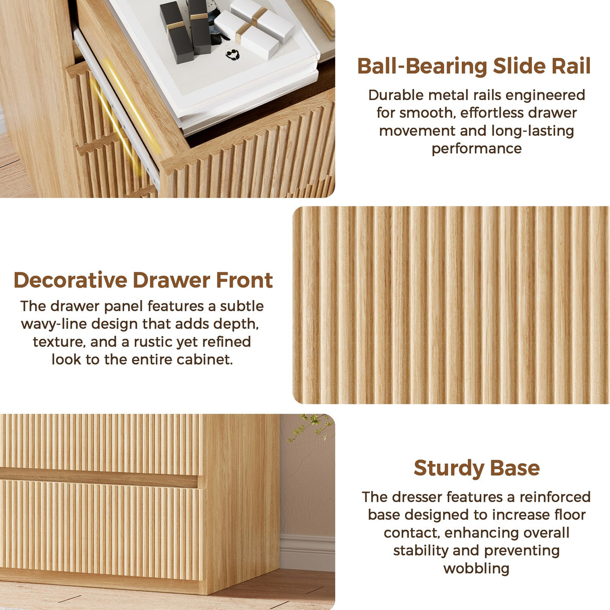 Jocoevol Fluted 5 Drawer Dresser, 43" Tall Dresser Chest of Drawers Curved Profile Design, Wood Mid Century Vertical Dresser Natural Texture for Bedroom, Oak Dresser Jocoevol