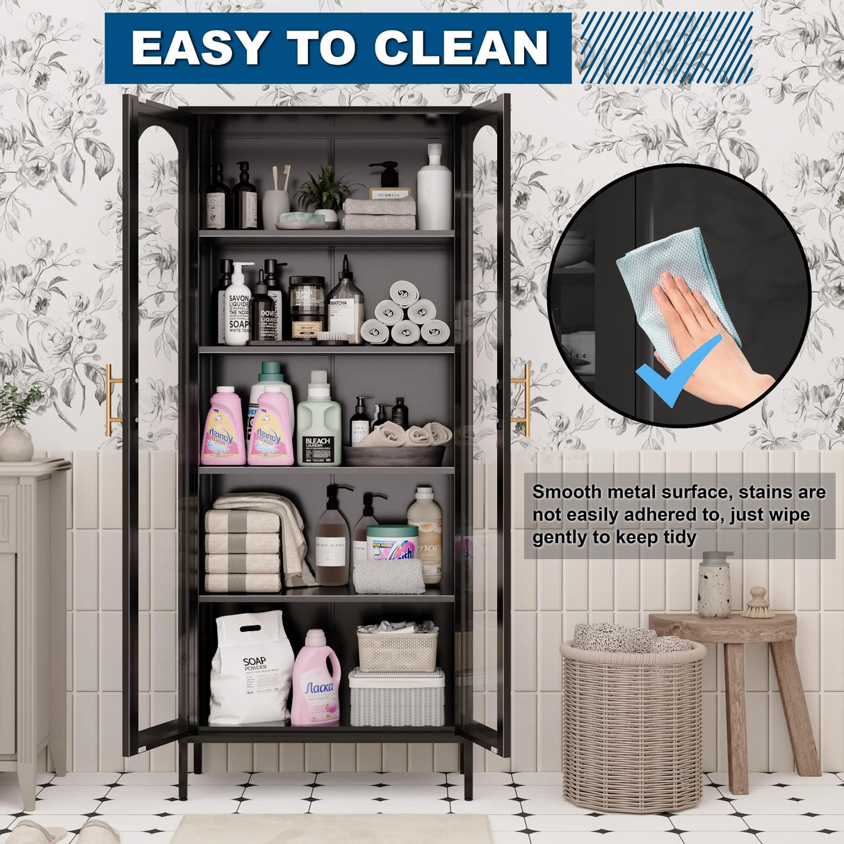 YILFANA 71" Tall Glass Display Case, Curio Cabinet with Adjustable Shelves, Metal Bookcase for Kitchen Pantry, Office, Bathroom - Black YILFANA