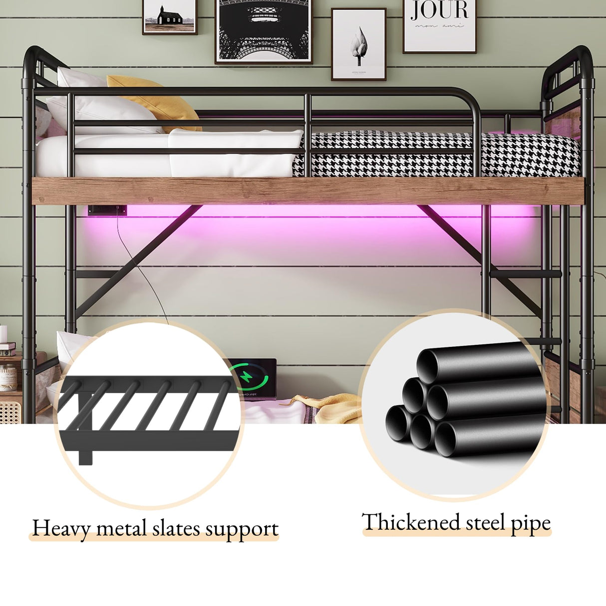 Twin Over XL Bunk Bed with LED Light USB Charging Station Detachable Metal Bunk Bed with 2 Storage Drawers Headboard Safety Guardrails Ladder Convertiable Twin Bed No Spring Box Needed Space Saving INTERHOMART