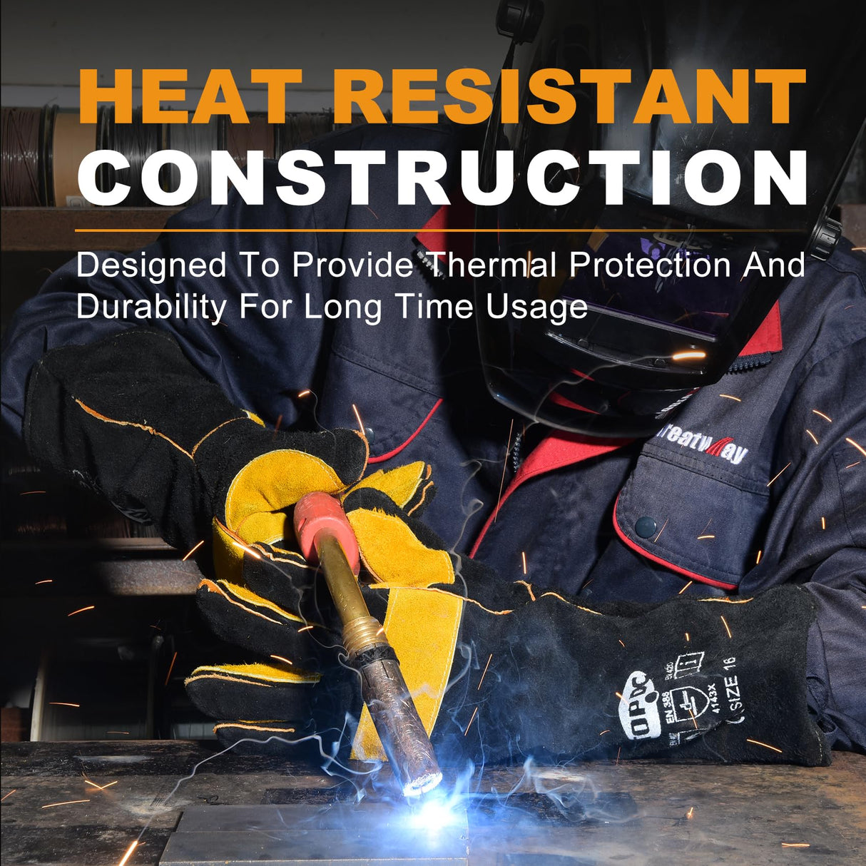 TOPDC Welding Gloves 16 Inches 932℉ Fire/Heat Resistant Leather Welding Gloves For Mig, Tig, Stick, Forge, BBQ, Grill, Fireplace, Wood Stove, Furnace, Oven, Animal Handling for Safe, Loving Pet Care TOPDC