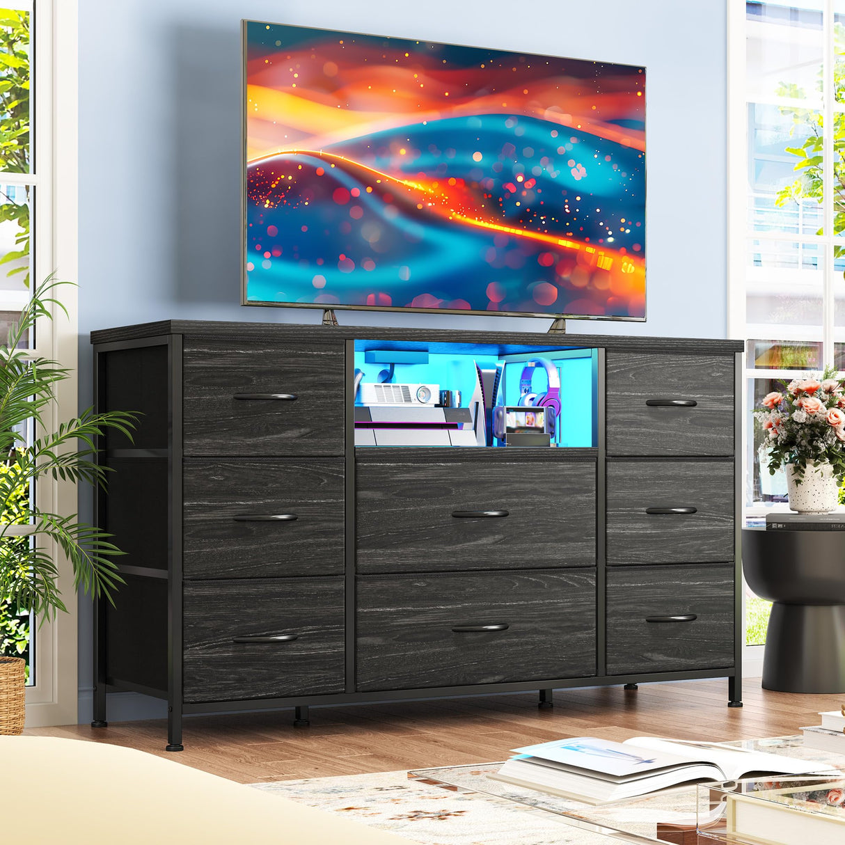 Black Dresser TV Stand for 55'' with LED Lights & Charging Station, Dresser for Bedroom with 8 Drawer, Chest of Drawers with Open Shelves, 6 Adjustable Feet, Hallway, Entryway, Closet EnHomee
