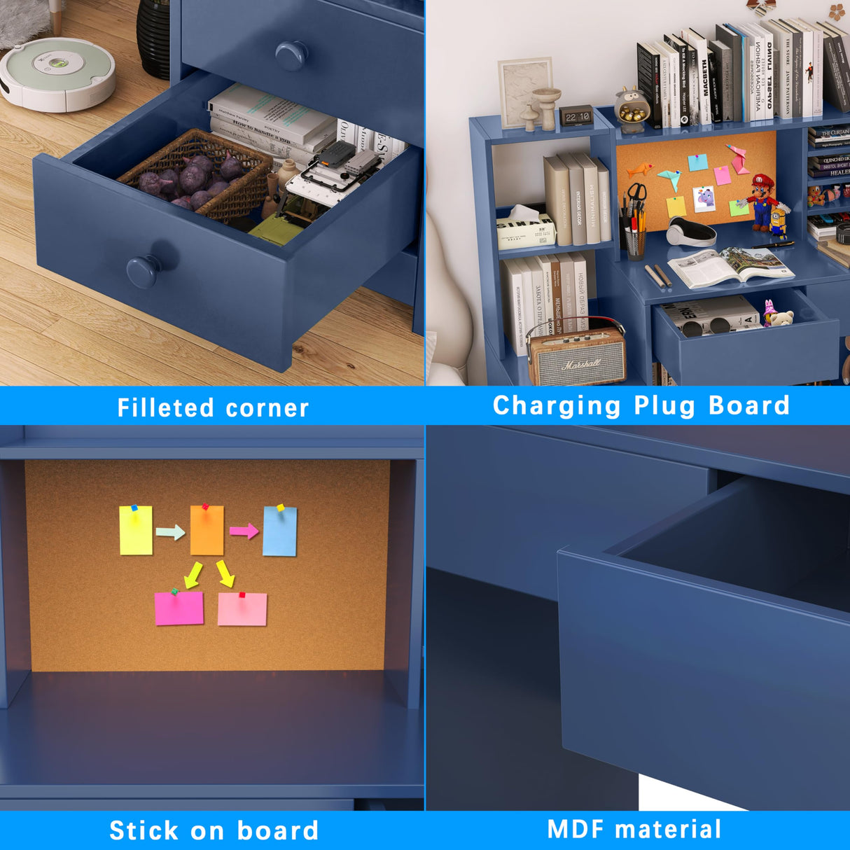 RUPOLX Blue Kids Desk and Chair Set for 5-12 Year Old, Childrens Computer Desk with 4 Drawers, Kids Study Table with Storage Shelf-4Og-40 RUPOLX