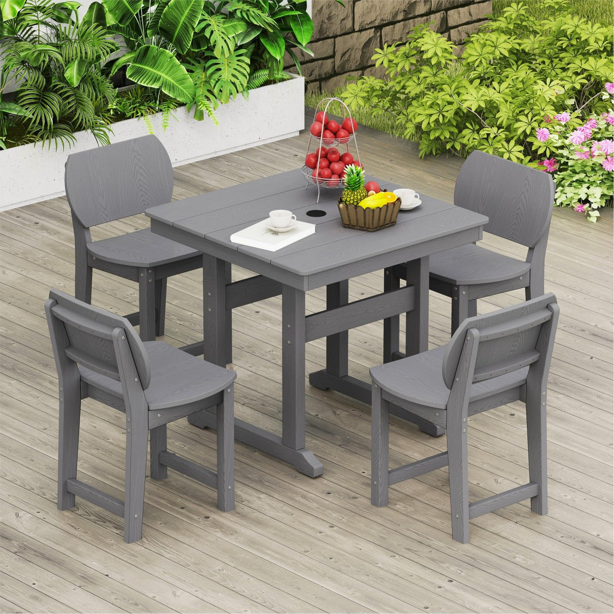 BIVODA 5-Piece HDPE Outdoor Patio Dining Set (Includes 1 Square Table and 4 Chairs) (All-Weather, Easy to Assemble, Umbrella Hole, 10+ Years of Lifespan) - Grey BIVODA