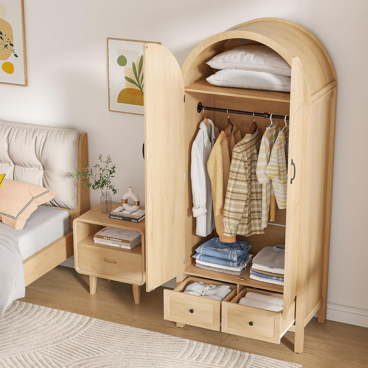 Lxsxlome Wardrobe Closet, Armoire Wardrobe Closet with Drawers and 2 Arched Fluted Doors, 70.87‘’ Tall Wooden Bedroom Armoires with Shelves and Hanging Rod (1, Wood Color) Lxsxlome