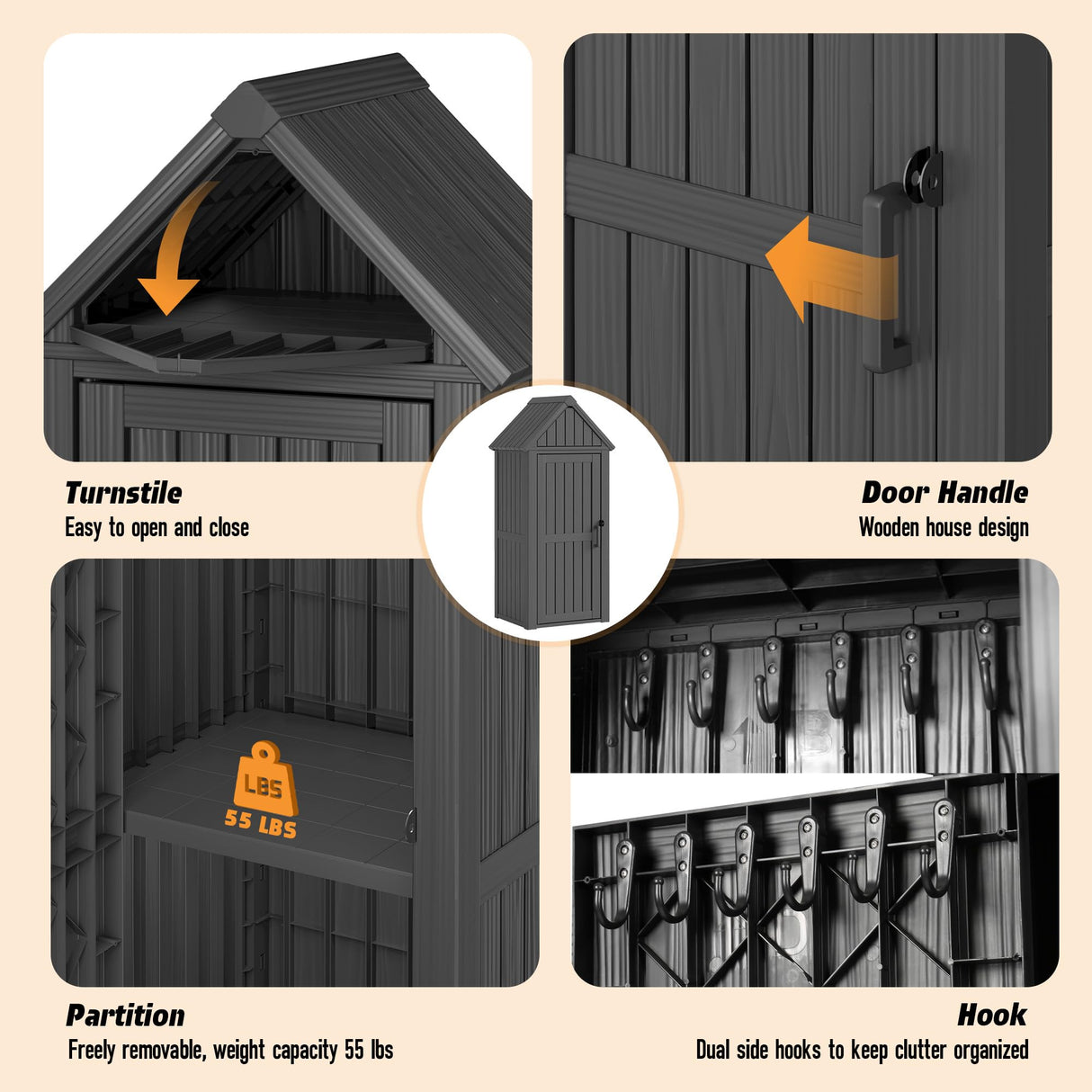 LHBcraft Shed Outdoor Storage Shed with Sloping Roof and Lockable Door, Resin Outdoor Storage Box Cabinet Waterproof and Multiple Hooks for Backyard, Patio, Poolside, Black LHBcraft