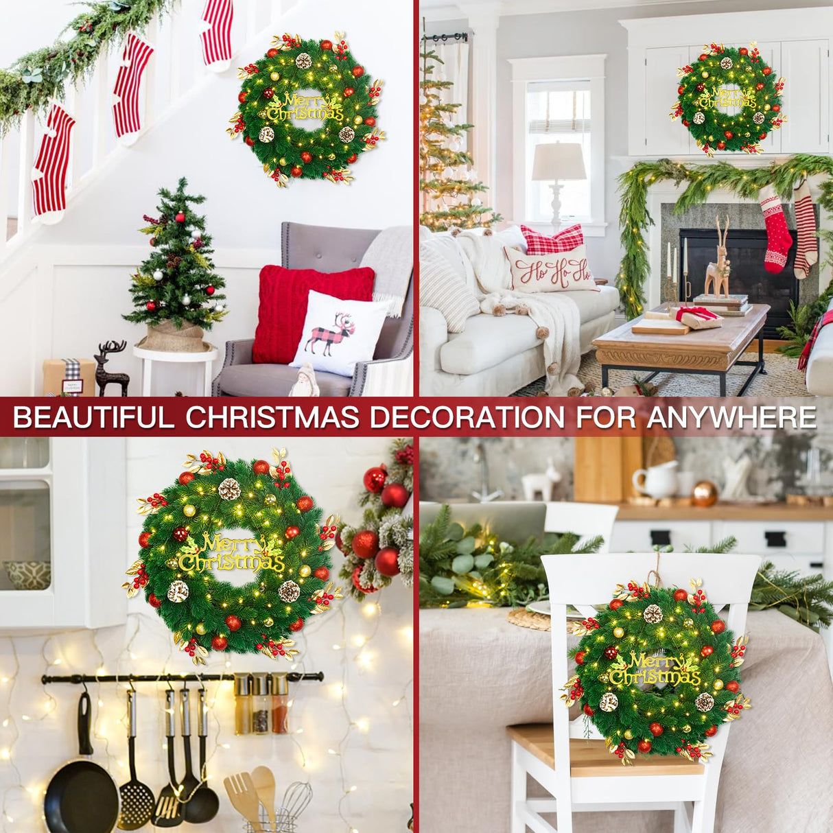 Pre Lit Christmas Wreath with Lights,Lighted Christmas Wreaths for Front Door with 45 Led Battery Operated 8 Modes Remote Control Timer,Indoor Outdoor 18 Inch Artificial Xmas Wreath Decorations noodunch