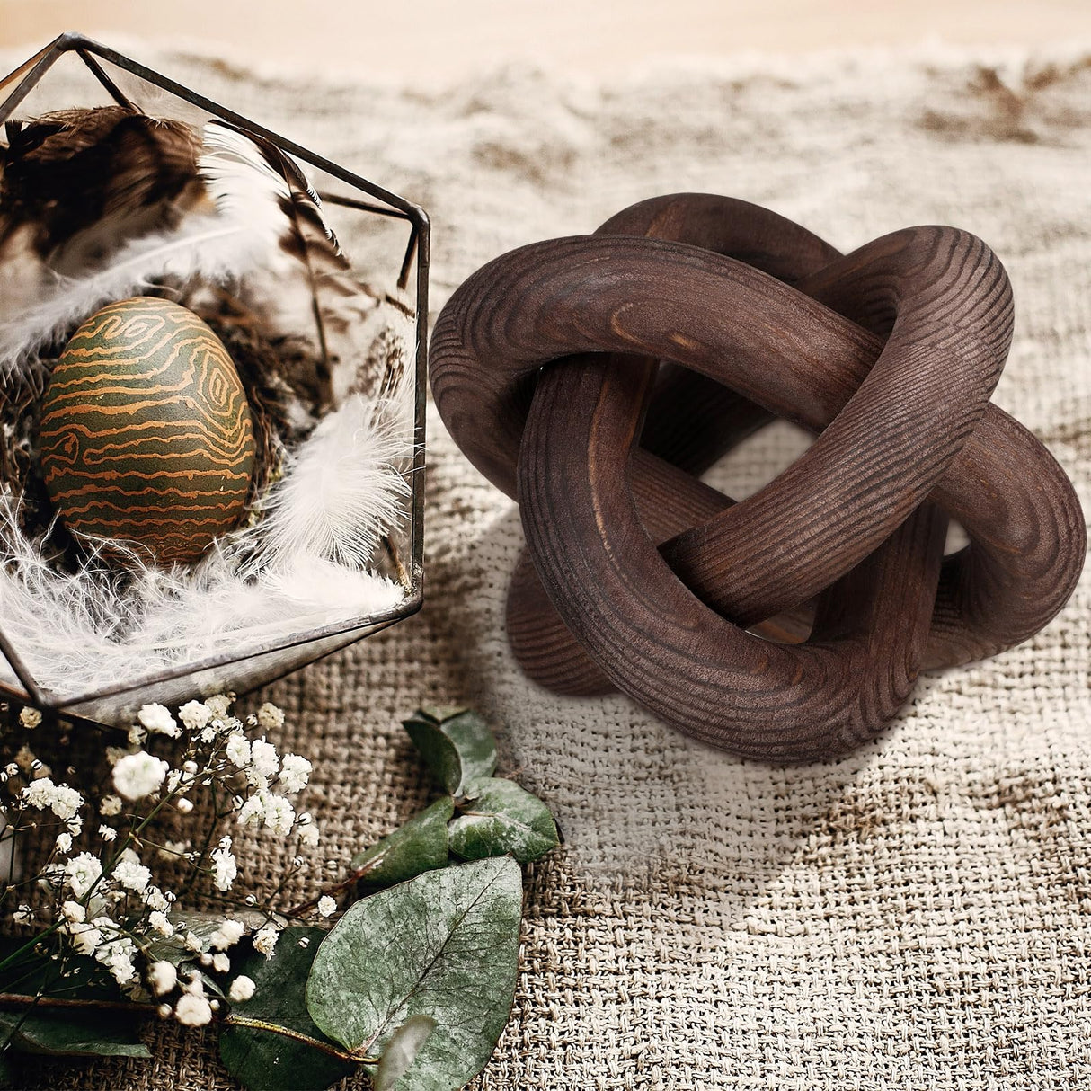 Yalikop 3 Link Wood Knot Decor - Hand Carved Coffee Table Decoration, Boho Chain Link Decor, Modern Shelf, Rustic Objects for Home Living Room Bedroom(Black Walnut) Yalikop