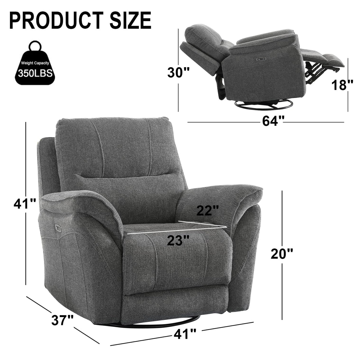 INZOY Glider Recliner Nursery Chair, Power Recliner Swivel Gider, Fabric Electric Swivel Recliner Rocker with Overstuffed Backrest, Power Recliner Chair Reclining Sofa for Living Room, Grey INZOY