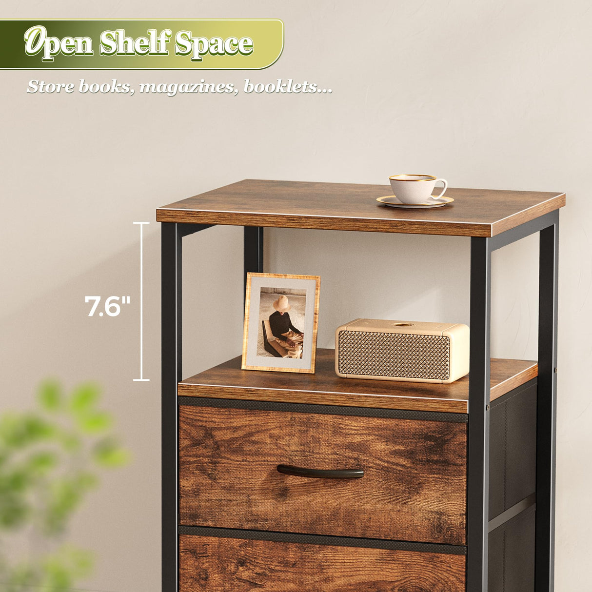 Huuger Night Stand Set of 2, Nightstand with 2 Drawers, Bed Side Table with Open Shelf, Wooden Top, End Table, Fabric Drawer, for Bedroom, Rustic Brown Huuger