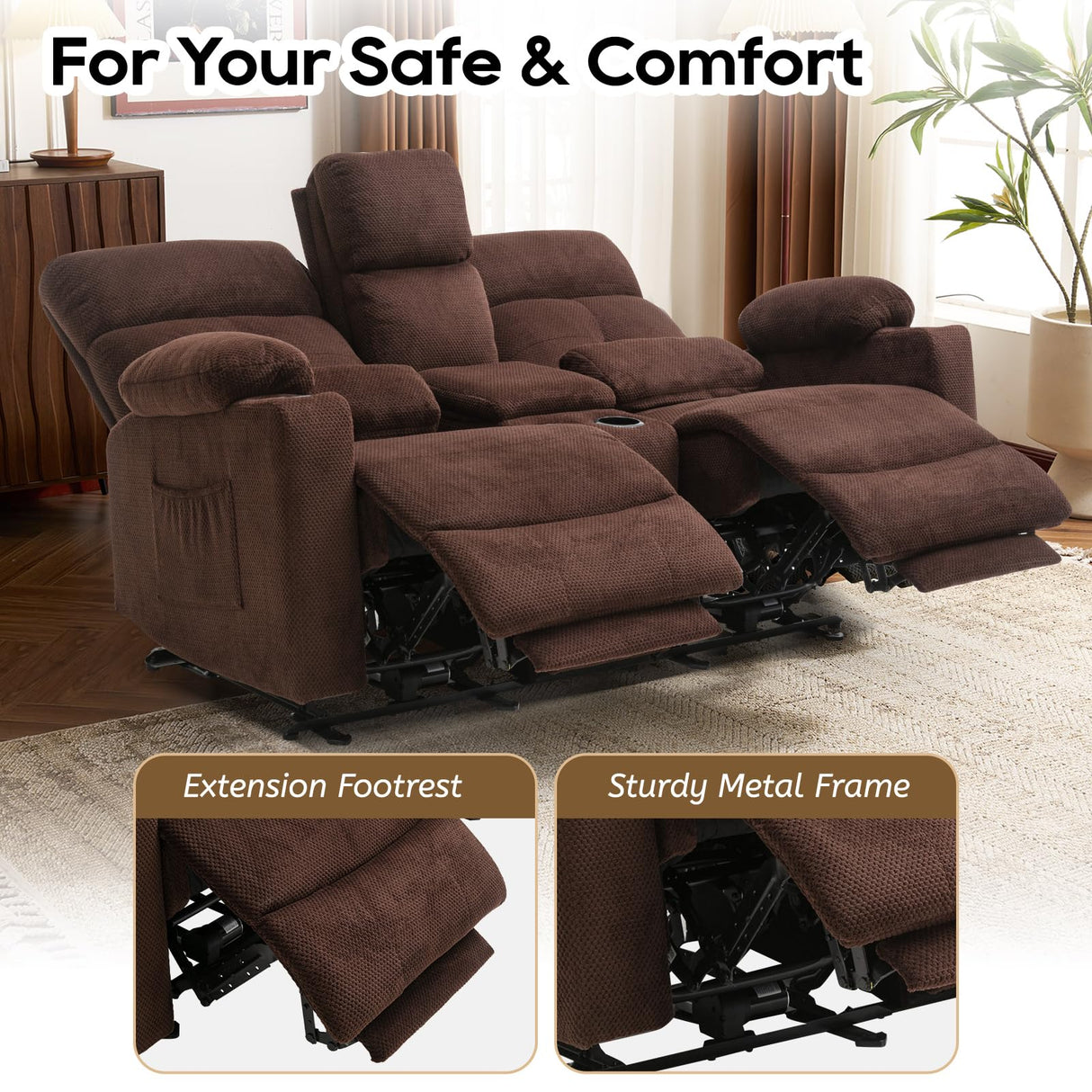 Home Theater Seating Loveseat Recliner Sofa, Power Reclining Couch with Massage & Heat, USB Charging Port, 2 Lumbar Support Pillows, Center Console, Cup Holder, Side Pocket, for RVs, Movie Room P.H.Furn