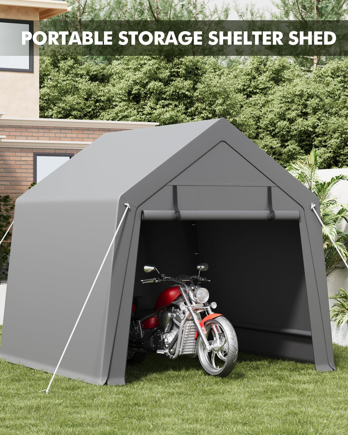 GarveeLife 10 x 10 ft Carport Storage Shed, Portable Garage with Roll-up Zipper Door, Heavy Duty Waterproof Tarp, Storage for Motorcycle, Bike, Firewood, Garden Tools GarveeLife