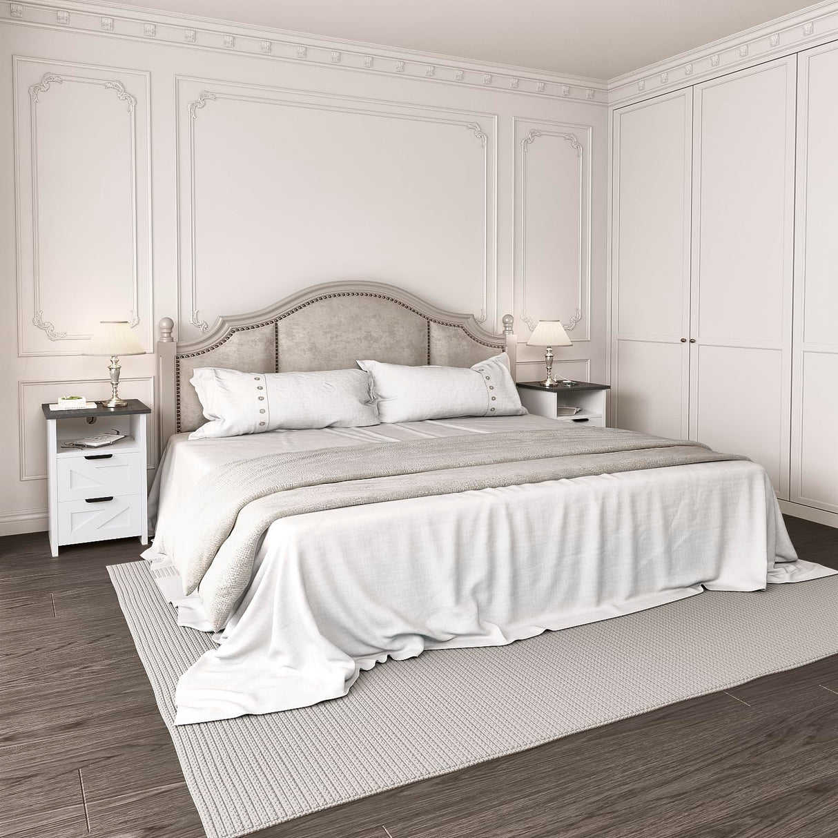 AURINEST Farmhouse Night Stand Set of 2 with Charger Station, Bed Side Table with 2 Drawers and Storage Shelf, Rustic End Table for Bedroom, Living Room, Small Spaces, White AURINEST