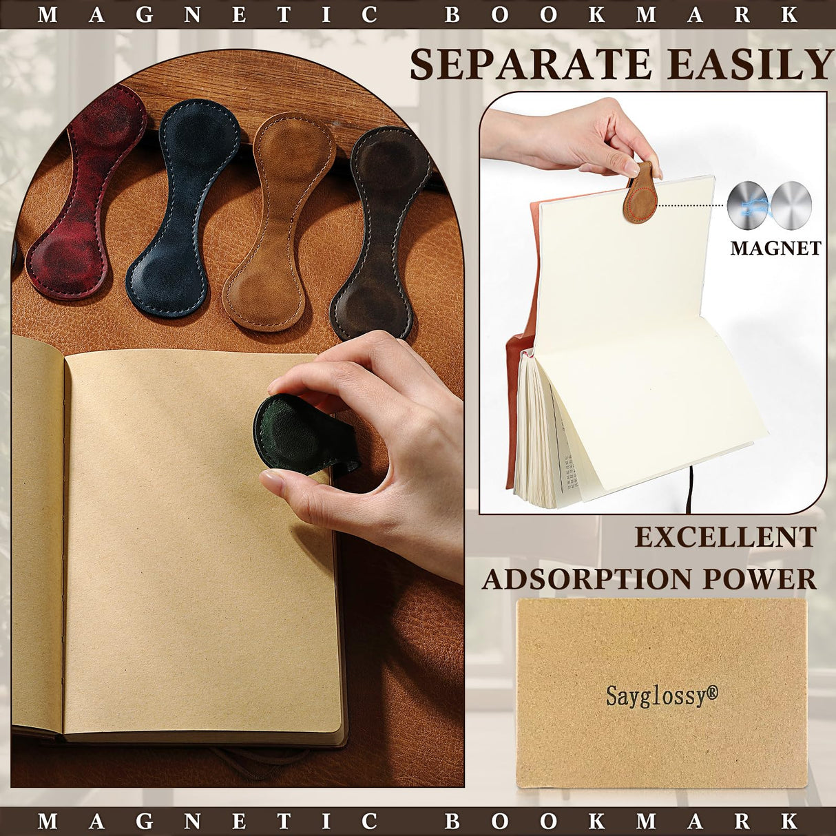 Sayglossy 6 Pcs Leather Magnetic Bookmarks 4.5"x1.5"Graduation Gifts Bookmarks Teacher Appreciation Gifts Retro Magnetic Markers Book Reading Gift for Booklovers Readers Writers Poets(Multicolor) Sayglossy