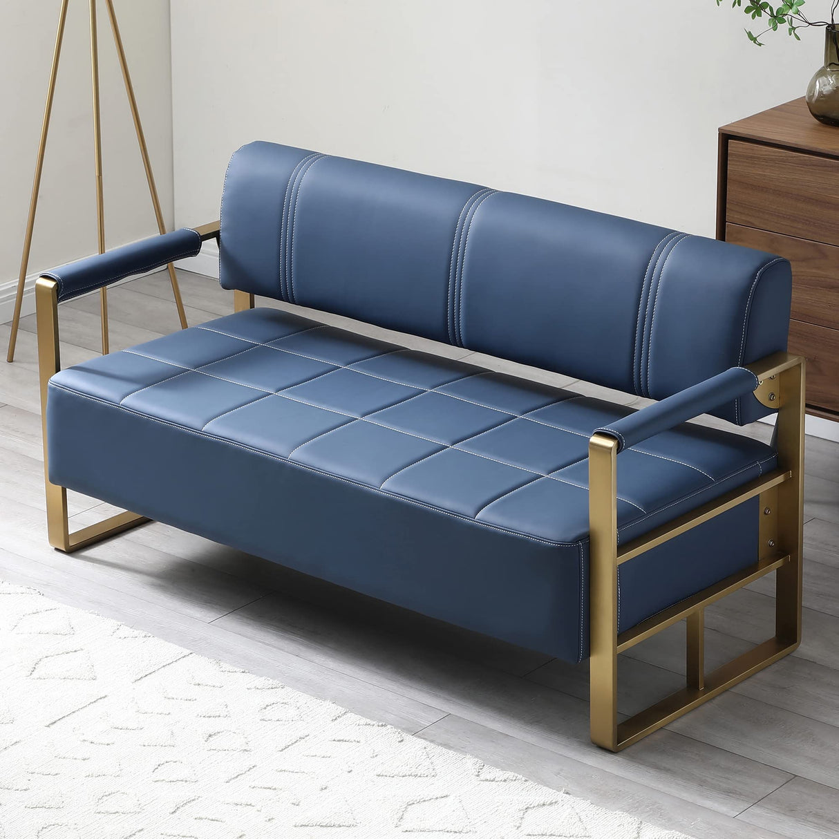 PBOGHLRD 57.9" Modern Leather Loveseat Sofa, Upholstery Faux Bonded Leather Accent Futon Couch with Metal Square Arms for Living Room, Office, Apartment (Navy Blue) PBOGHLRD