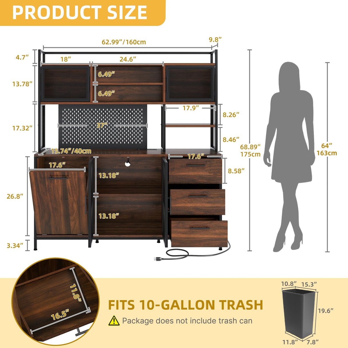 DWVO Kitchen Pantry Cabinet with Trash Can Cabinet, Large Microwave Stand w/Power Outlet, Kitchen Hutch Storage Cabinet Metal Frame Kitchen Cupboard, Rustic Brown, 63" W x 15.7" D x 69" H DWVO