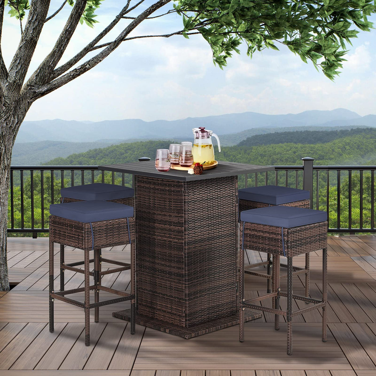 RELAX4LIFE 5-Piece Outdoor Bar Set, Wicker Rattan Bar Height Patio Set w/4 Cushion Bar Stools & Table with Hidden Storage, 5PCS Outdoor High Top Table and Chairs Set for Backyard Poolside (Navy Blue) RELAX4LIFE