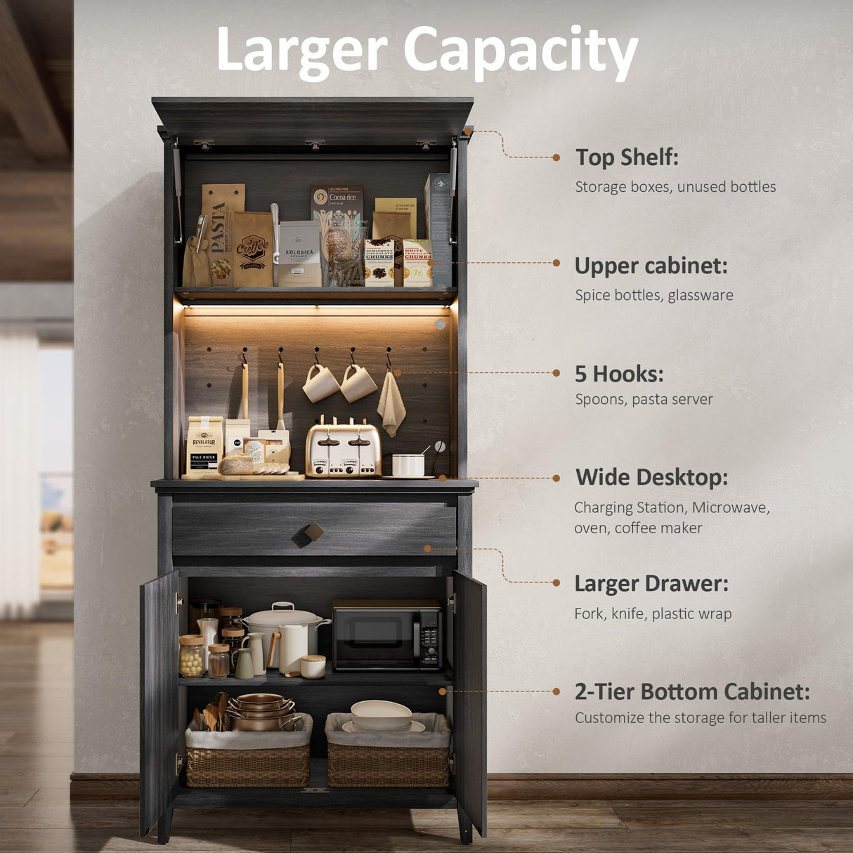 nesture. 71.5" Tall Kitchen Pantry with Hydraulic Flip Up Door, Storage Cabinet with LED Lights & Charging Station, Drawer and Adjustable Shelves, Cupboard for Kitchen, Dining Room, and Hallway, Black nesture.