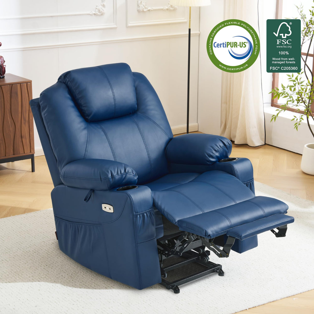 MCombo Electric Power Lift Recliner Chair Sofa with Massage and Heat for Elderly, 3 Positions, 2 Side Pockets, and Cup Holders, USB Ports, Faux Leather 7040 (Blue, Medium) MCombo