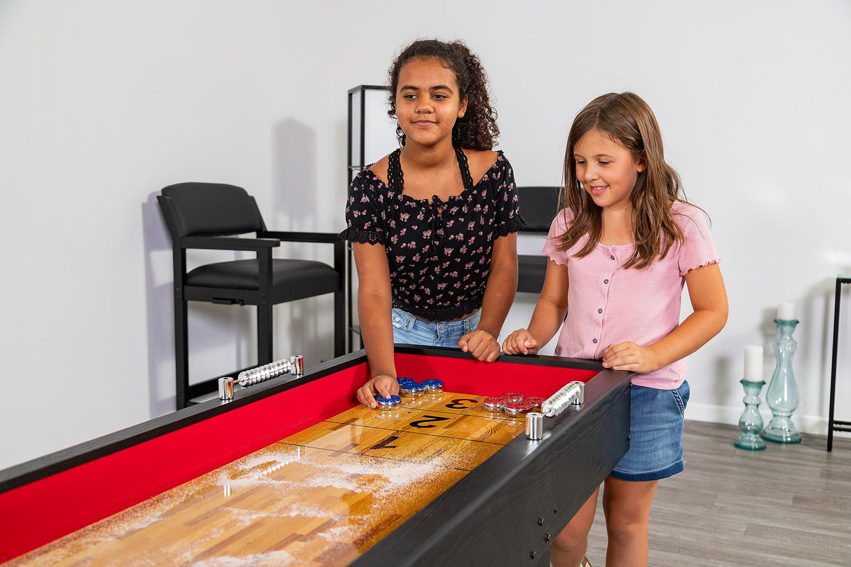 Hathaway BG1203 Avenger 9-Foot Avenger Shuffleboard for Family Game Rooms with Padded Gutters, Leg Levelers, 8 Pucks and Wax, Black Hathaway